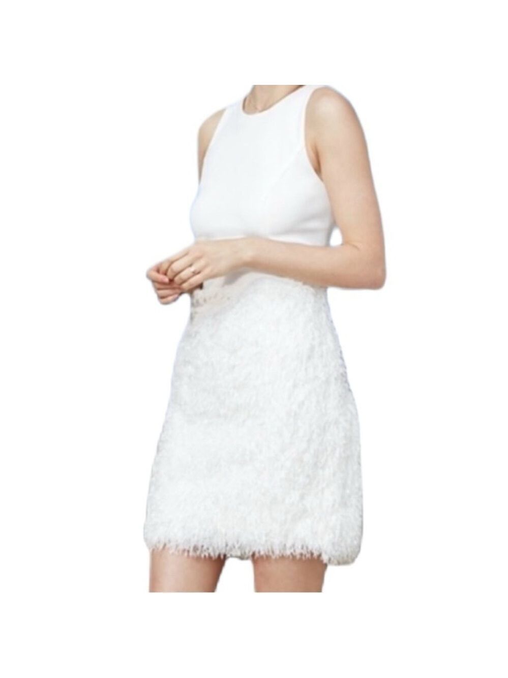 AMSALE Zola White Eyelash Fringe Cocktail Party Dress Sleeveless NWOT Size 10